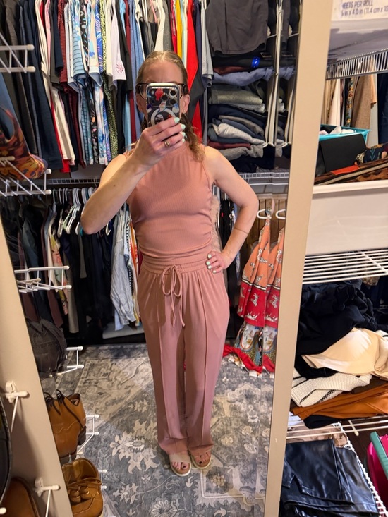 Pants - Women’s Pink High-Waist Drawstring Wide-Leg Jumpsuit
